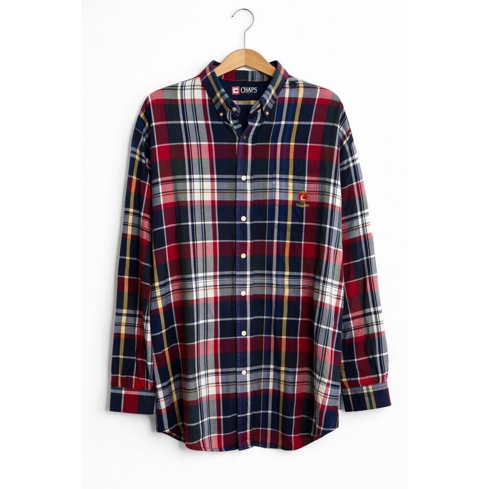 Chaps Plaid Button Down Shirt Mens Large Red Blue Cotton Casual